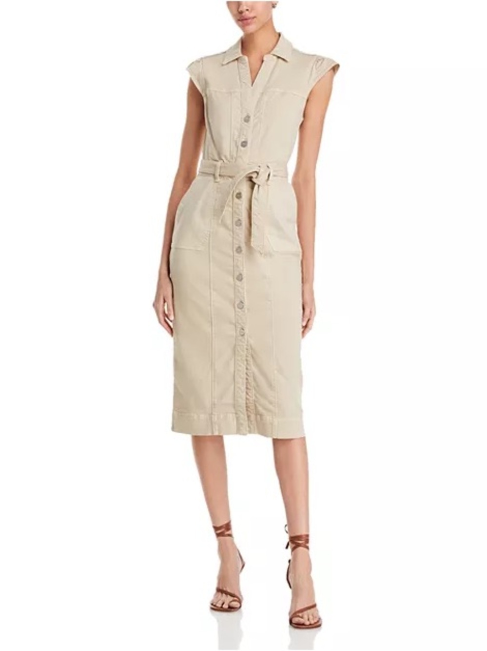 PAIGE Sleeveless Belted Shirt Midi Dress in Tan